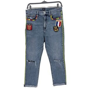 GAP Cigarette Jeans 29R Medium Wash Travel Patches Rainbow Embroidery Distressed